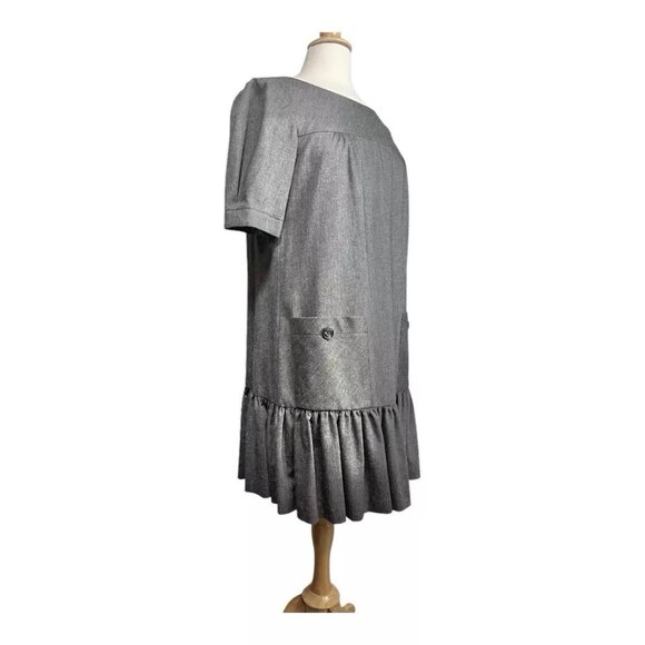 Trina Turk Shift Dress 10 Knit Wool Blend Gray Gold Pockets Ruffle Pleat USA - Picture 2 of 9